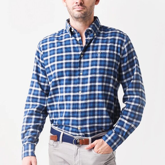 Barbour Rotheby Cotton Flannel Tailored Button Up Blue Plaid Shirt Men's size L - Picture 1 of 11